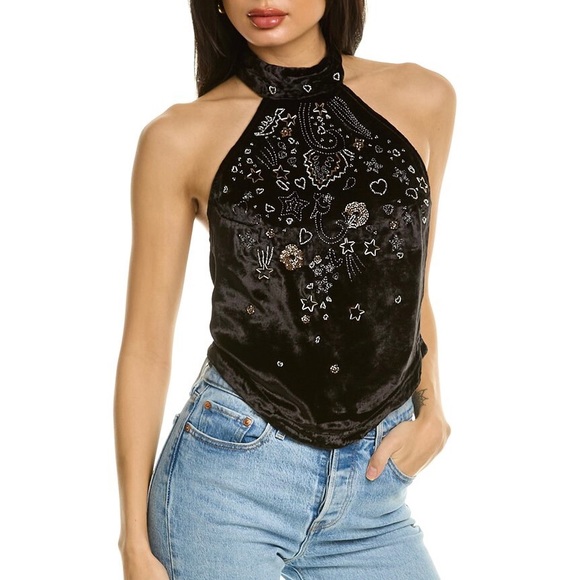 FREE PEOPLE | Arianna Beaded Velvet Halter Top Sz M - Picture 1 of 5
